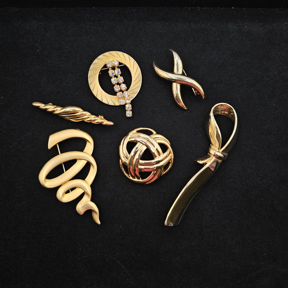 Statement Brooch Pin Lot 6pc Gold Tone Rhinestone Abstract Geometric Shapes Pins